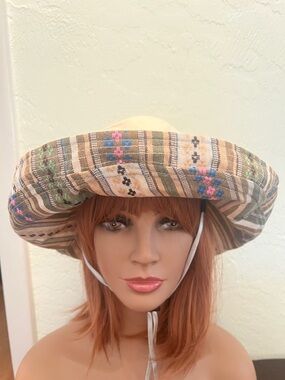 #1764** Boho Stripe Embroidered Sun Hat - Beige
